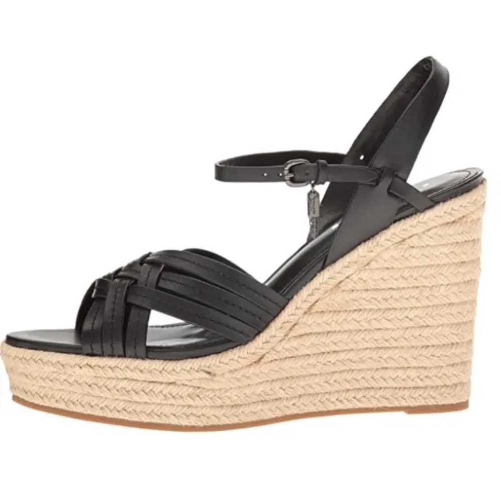Coach Dottie Black Wedge Espadrille Charms Semi Matte Calf Sz 8 Summer Coquette